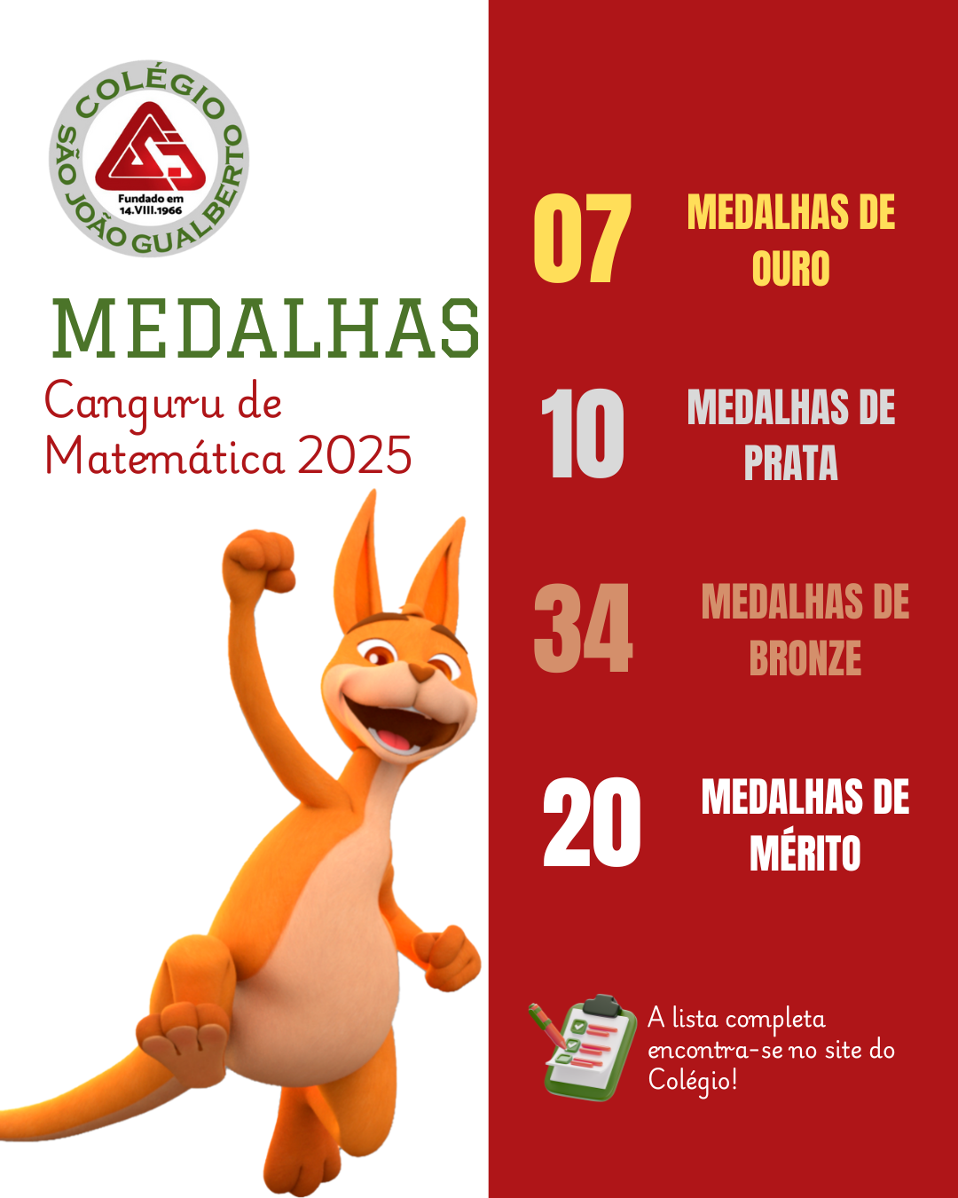 Parabns aos nossos campees da Olimpada Canguru de Matemtica 2025! Colgio So Joo Gualberto